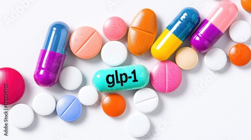 Colorful Pills Representing Diabetes Treatment with GLP-1 Text and Various Shapes and Colors for Health Concepts and Medication Awareness