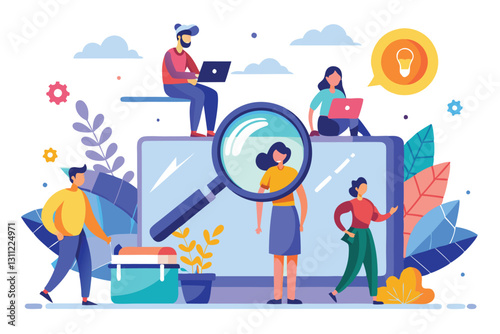 Diverse individuals interact with their devices in a vibrant, customizable people search setting outdoors, People search Customizable Semi Flat Illustration