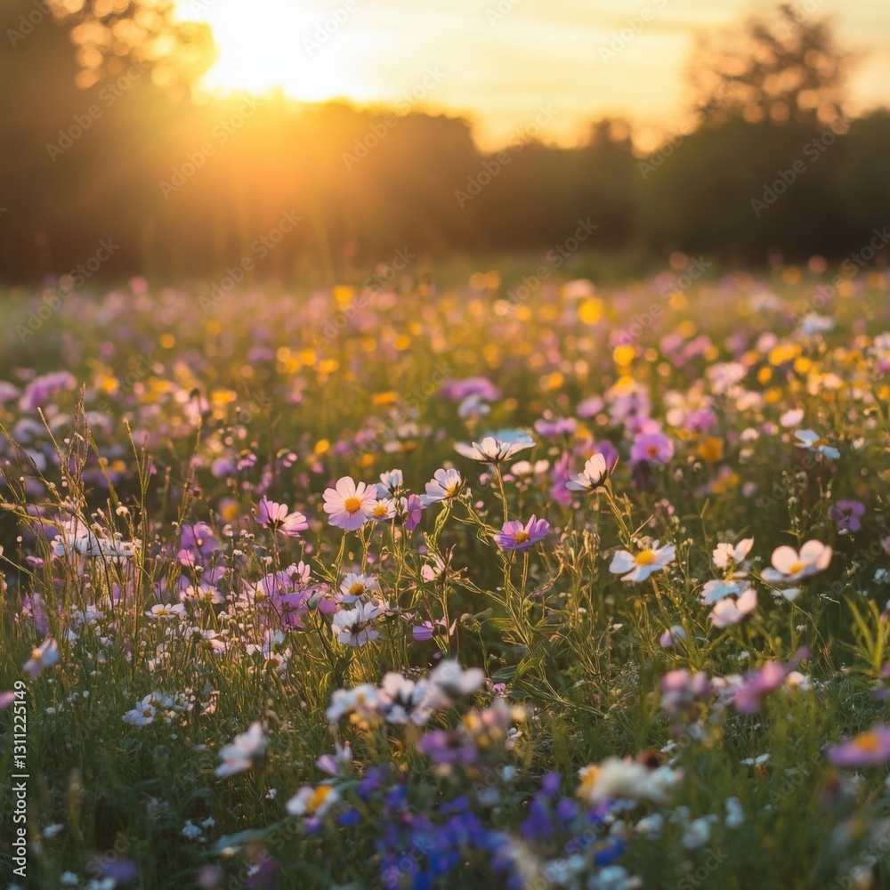 Obraz premium Sunset over wildflowers