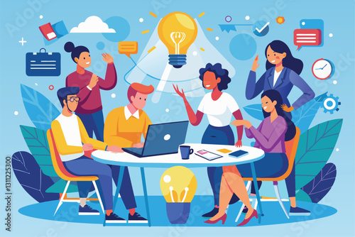 A diverse group collaborates on innovative solutions, sharing ideas and discussing at a round table, People searching for new ideas solutions, brainstorming
