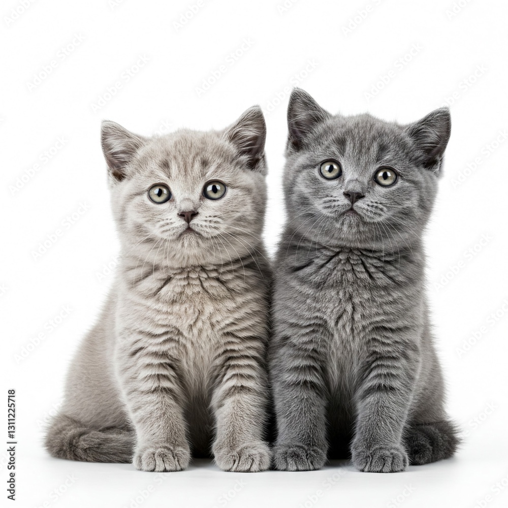 Sibling Kittens: Two adorable gray kittens with piercing eyes sit side-by-side, staring intently, capturing the innocent charm of these feline siblings. Sibling Kittens: Two adorable gray kittens with piercing eyes sit side-by-side, staring intently, capturing the innocent charm of these feline siblings.