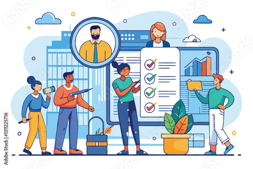 A group of diverse job seekers engages in discussions and reviews applications in a bright office, People search job linear