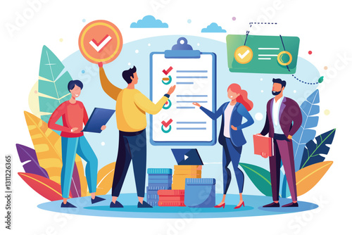 A group of professionals discusses and selects important business rules for their project, People selecting business rules