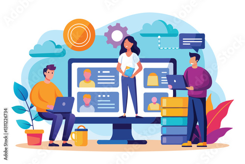 Team members collaborate to solve challenges with cloud storage data management tools, people show problems in the cloud disk online database and information on the monitor screen