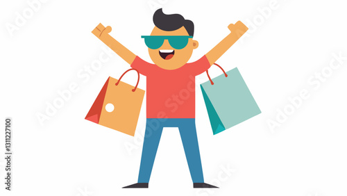 Victory with Style A character exudes confidence in a strong pose one arm stretched high with an overflowing stack of shopping bags. The bags are filled with different shapes and
