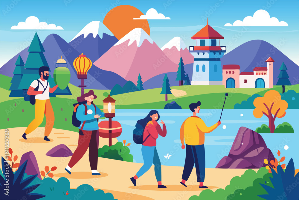 Fototapeta premium Tourists explore a picturesque outdoor area by a lake, surrounded by mountains and colorful nature, People sightseeing outdoors Customizable Flat Illustration