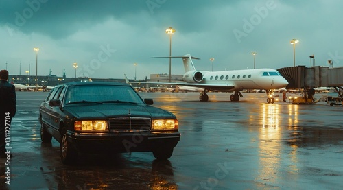 Limousine di lusso nera con i fari accesi sul piazzale dell'aeroporto. Sullo sfondo, un jet privato bianco. Contesto di lusso, viaggio o affari importanti photo