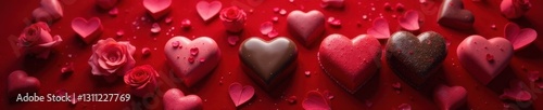 Heart-shaped chocolates and roses on a velvet background, velvet, close-up, romance