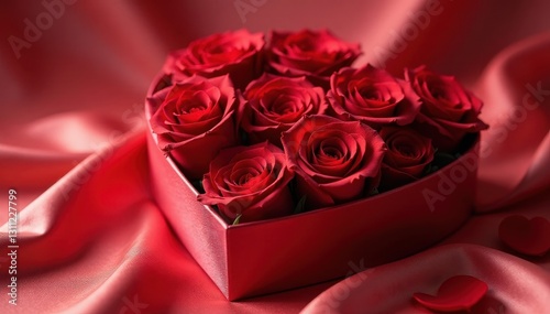Heart-shaped box, red roses, elegant silk robe , anniversary, silk