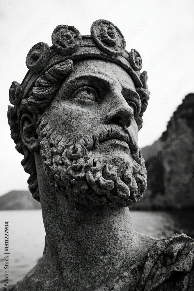 Ancient Stone Bust Gazing Over Serene Waters Ancient Stone Bust Gazing Over Serene Waters