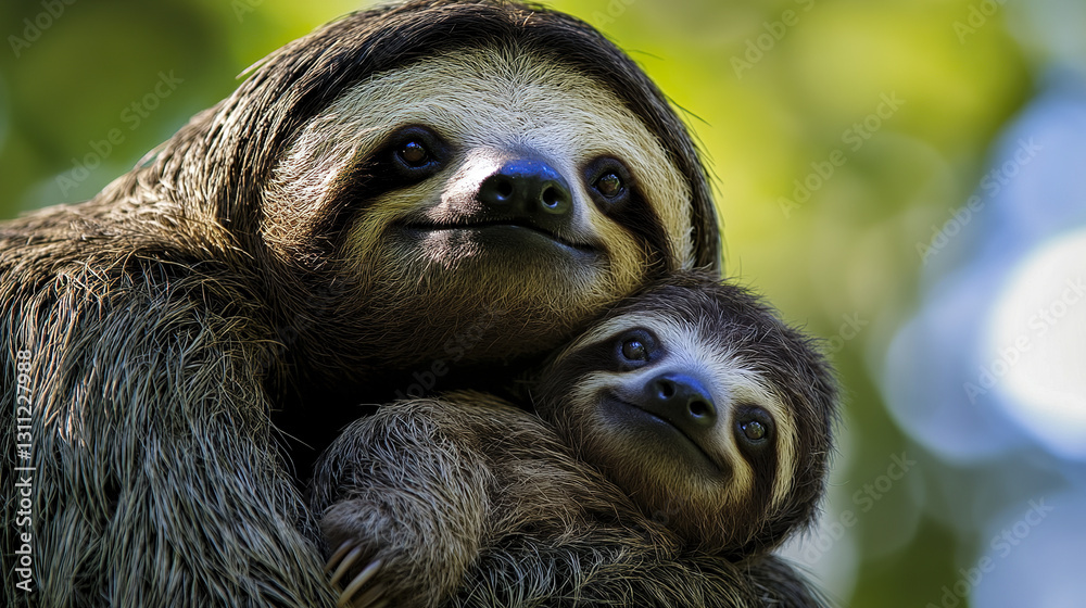 Fototapeta premium sloth and its baby embrace in sunlit forest setting