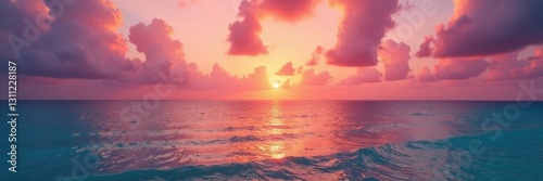 Pink and orange sunrise over tranquil Cancun waters, paradise, photo