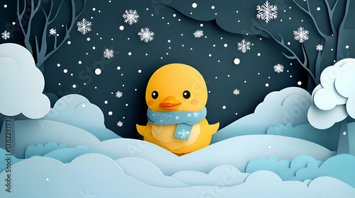 Cute duckling in snowy winter forest scene
