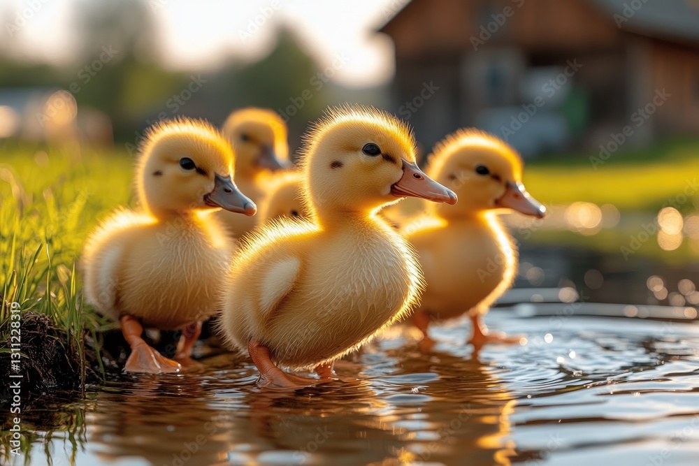 Cute ducklings waddle near water, glowing softly in warm sunligh Cute ducklings waddle near water, glowing softly in warm sunligh