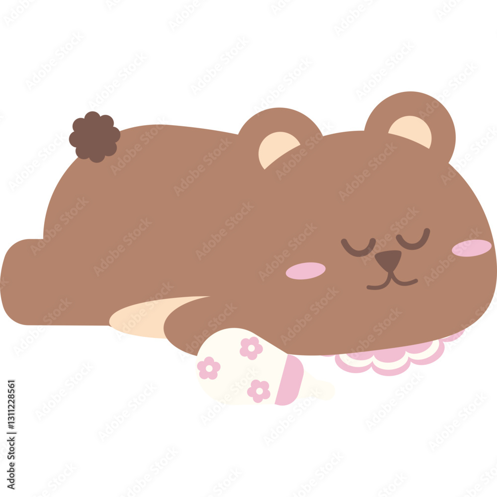 Fototapeta premium Cute Kawaii Sleeping Baby Bear with Milk Bottle – Adorable Pastel Nursery Illustration