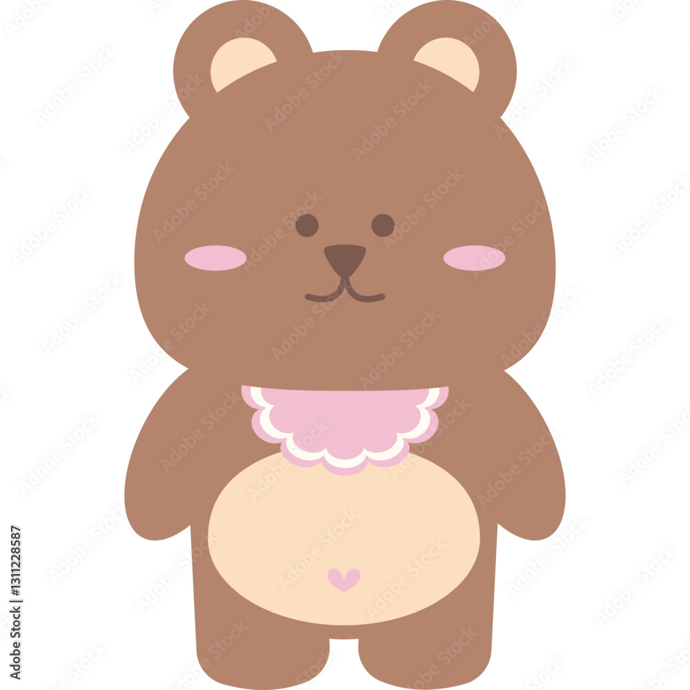 Obraz premium Cute Kawaii Baby Bear with Pink Lace Bib – Adorable Pastel Animal Illustration