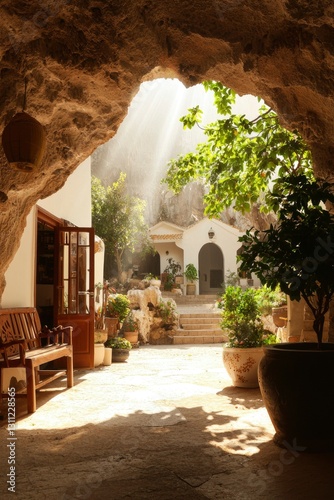 Cave Monastery Courtyard Sunlight photo