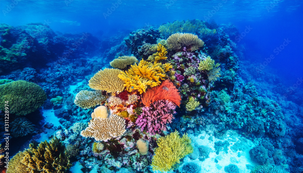 Naklejka premium Vibrant Coral Reef: A stunning underwater vista bursts with the vivid hues of a thriving coral reef, showcasing nature's artistry and the rich biodiversity beneath the ocean's surface. 