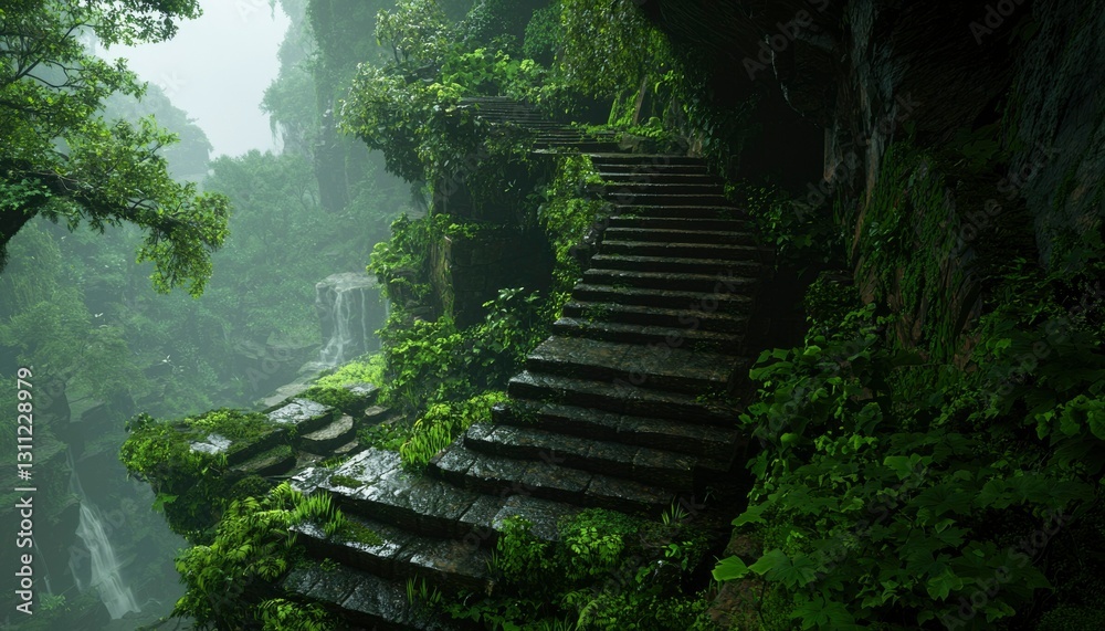 Stone steps wind through lush, misty rainforest cliffs Stone steps wind through lush, misty rainforest cliffs