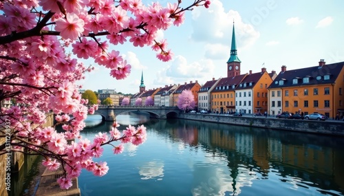 Full bloom cherry blossoms frame historic S?dermalm buildings , trees, day photo