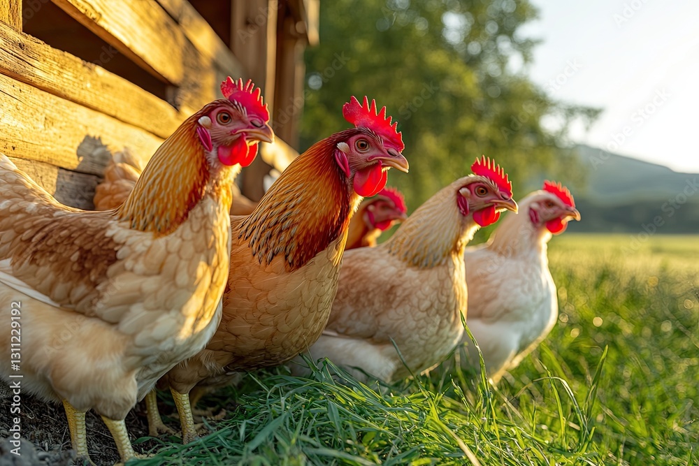 Fototapeta premium Chickens gather by wooden barn, basking in warm sunlight on vibr