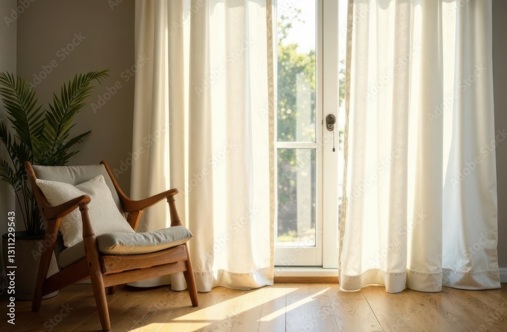 Fototapeta premium Cozy bedroom corner featuring natural light and a comfy chair