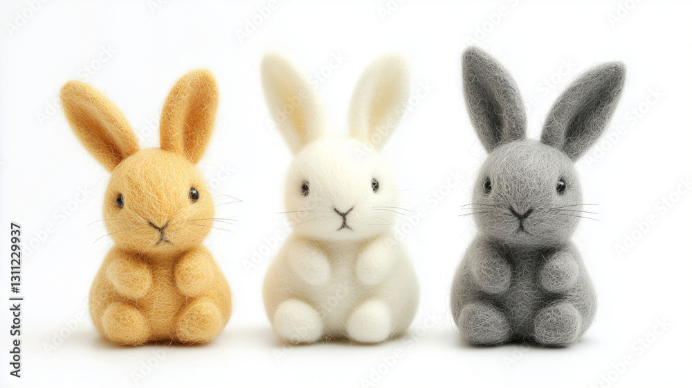 Three small rabbit toys isolated on white background. Three small rabbit toys isolated on white background.