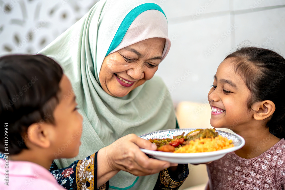 A joyful grandmother serves a delicious meal to her smiling grandchildren, sharing a warm family moment filled with love and tradition. A joyful grandmother serves a delicious meal to her smiling grandchildren, sharing a warm family moment filled with love and tradition.