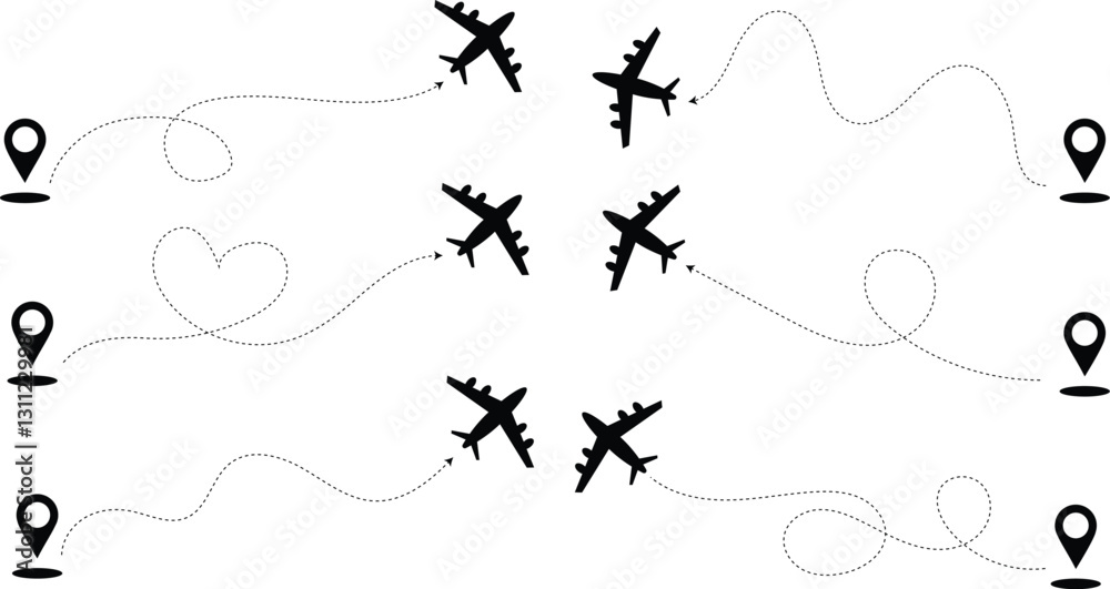 airplane with start and end point line path travel icon set airplane with start and end point line path travel icon set