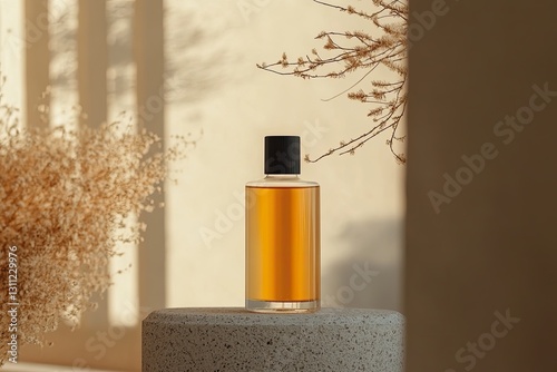 Glass bottle filled with amber liquid, elegantly showcased again