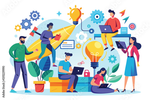 A group of individuals engaged in idea generation and project planning using laptops in a vibrant environment, People starting new project development