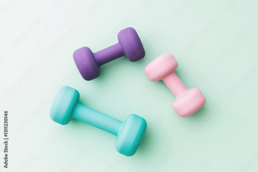Pastel dumbbells in pink, purple and turquoise arranged on a green background. Pastel dumbbells in pink, purple and turquoise arranged on a green background.