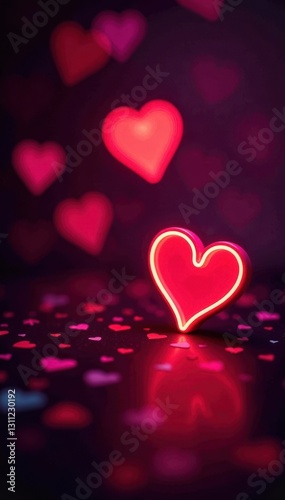Glowing neon hearts on bold red, colorful confetti bursts , energy, texture, valentines day
