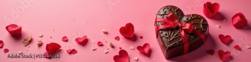 Heart-shaped chocolate, red roses, pink background Valentine's Day gift , deliciousness, pink background
