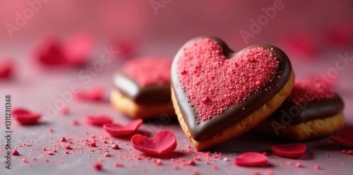 Heart-shaped cookies, rich chocolate coating, Valentine's Day treat, dark, seasonal