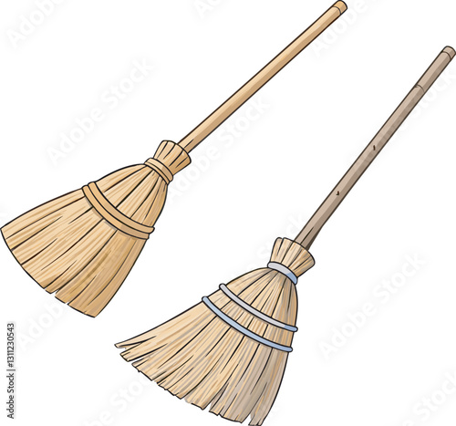 Wooden Witch Broomstick or Sweeping Broom - Vector Illustration & Icon