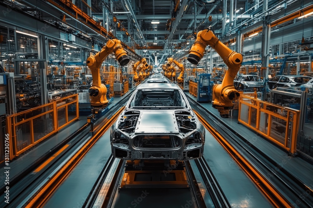 High-tech factory scene with robotic arms assembling sleek car m High-tech factory scene with robotic arms assembling sleek car m