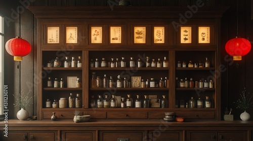 Antique apothecary shelves, herbal remedies, Asian room, lanterns
