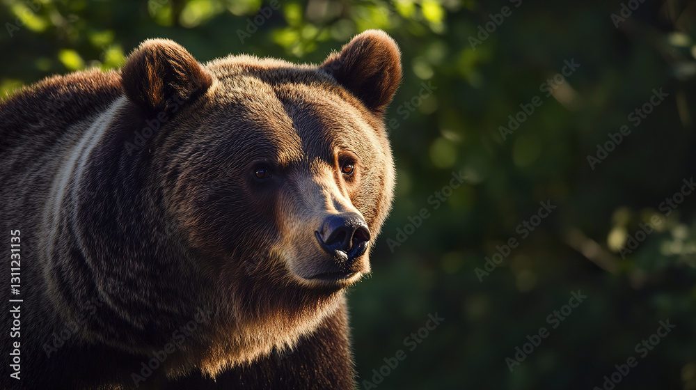 Majestic bear with thick fur illuminated by sunlight in forest Majestic bear with thick fur illuminated by sunlight in forest