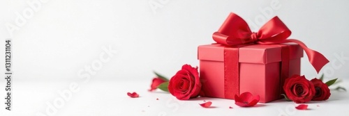 Romantic gift boxes, red roses and delicate bows, pure white backdrop , flower, february