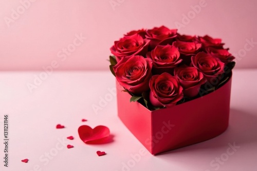 Red roses arranged in a heart-shaped gift box for Valentine's , redroses, petal, rose