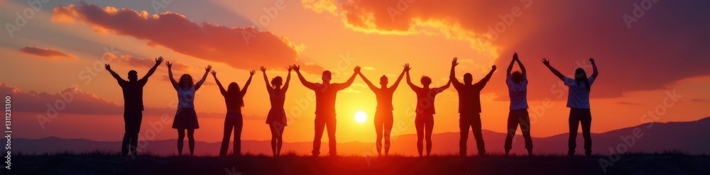 Silhouetted figures raise hands, sunset backdrop , unity, team Silhouetted figures raise hands, sunset backdrop , unity, team