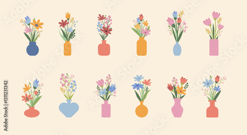Flat icons set of various flower arrangements in vases - vector art.