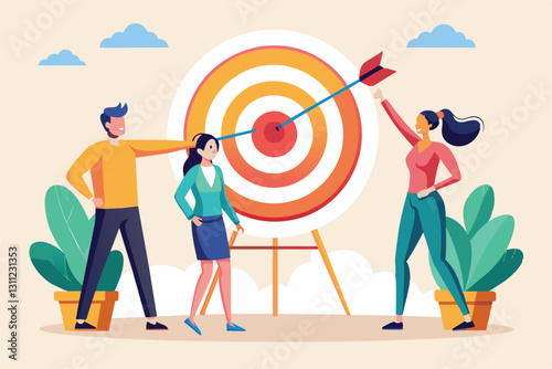 Two people prepare to throw darts at a target while a third person observes, engaged in a fun activity, Peoples with the dart ready to the goal target according to the directions