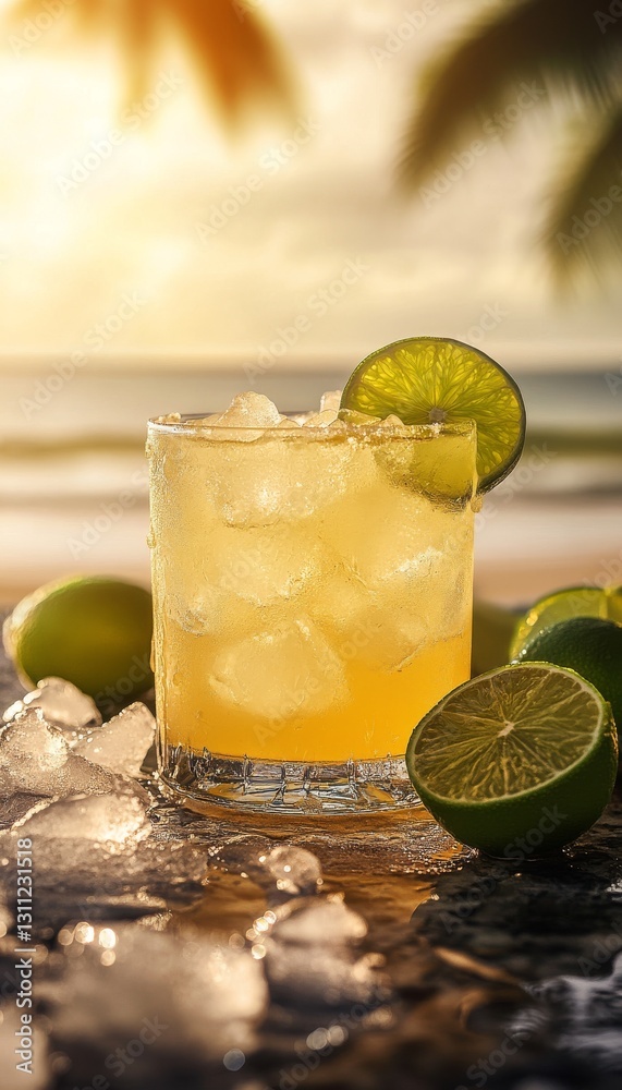 Fototapeta premium lime margarita cocktail on the rocks in a glass on the beach