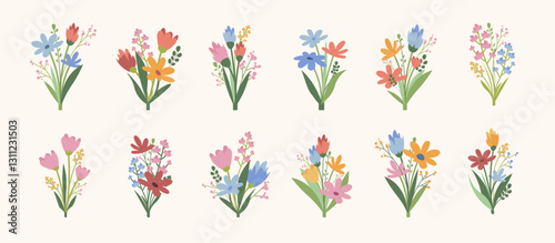 Flat style floral icons set - colorful flower bouquets vector collection.