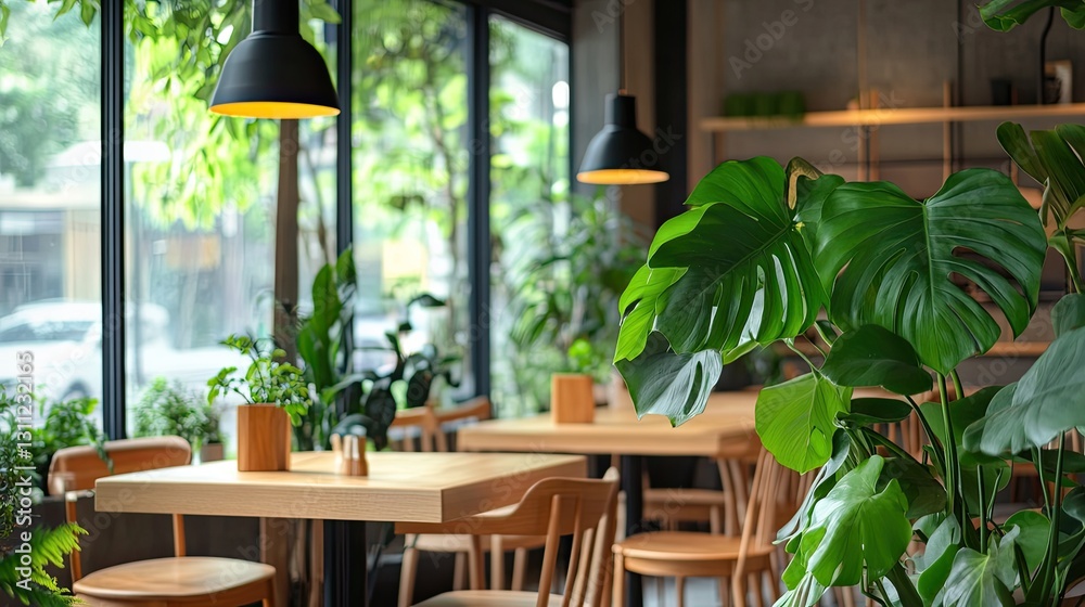 Fototapeta premium Cozy café interior brightened by natural light, adorned with lus