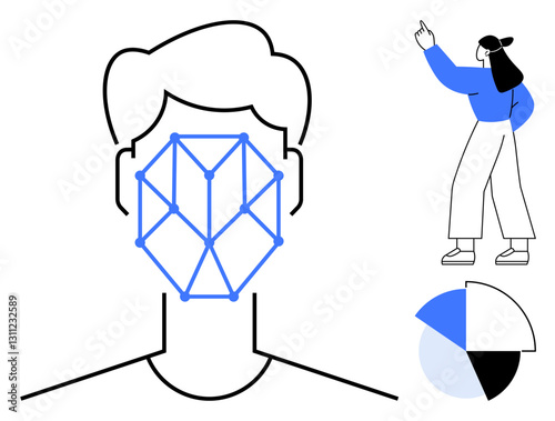 Geometric face recognition diagram with outlined nodes, woman pointing towards data representation, segmented pie chart. Ideal for technology, data analysis, biometrics, perception, digital