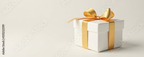 Elegant white gift box with golden ribbon bow, isolated , special, box