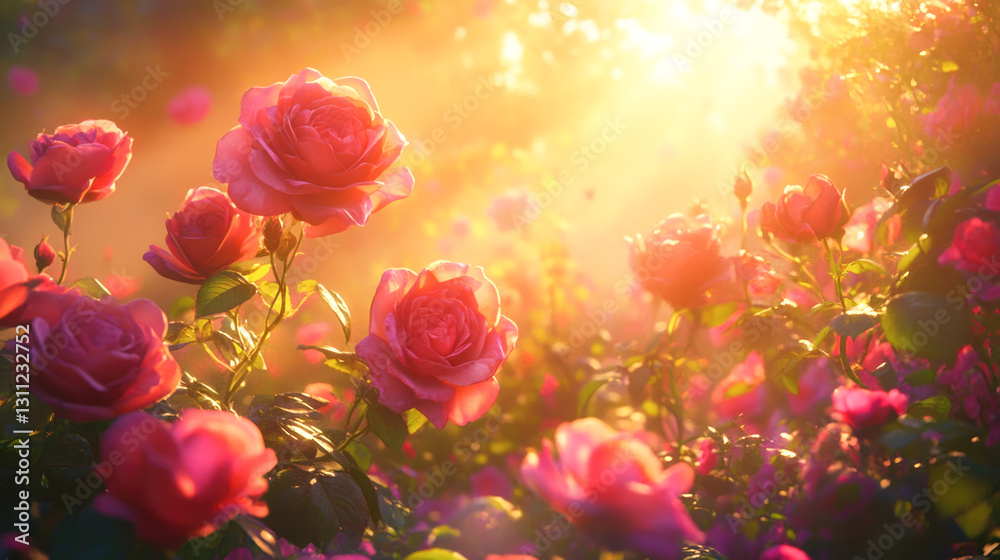 Fototapeta premium Lush morning roses in sunlit garden glow